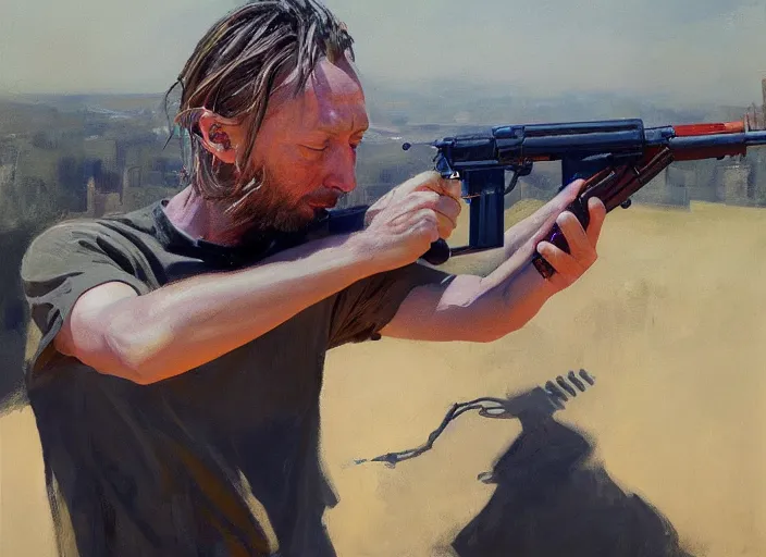 Image similar to a highly detailed beautiful portrait of thom yorke shooting an ak 4 7, by gregory manchess, james gurney, james jean