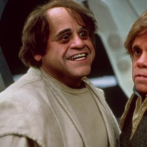 Prompt: movie still of Danny DeVito as Luke Skywalker