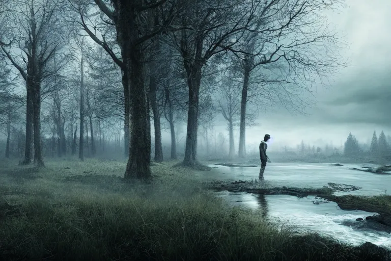 Image similar to an ultra realistic, cinematic headshot portrait, of zombie, background of a vast serene landscape, with trees and rivers, detailed, deep focus, movie still, dramatic lighting, ray tracing, by michal karcz and yoshitaka amano