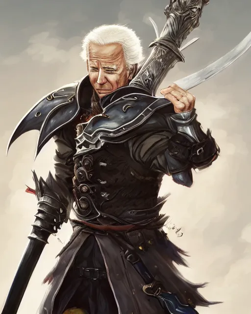 Image similar to A full-body anime portrait of Joe Biden with crazy hair holding a huge sword from Skyrim, by Stanley Artgerm Lau, WLOP, Rossdraws, James Jean, Andrei Riabovitchevy, Marc Simonetti, and Sakimichan, trending on artstation