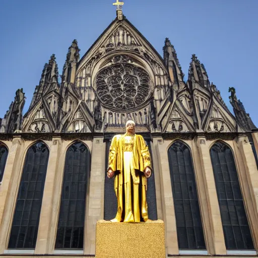 Image similar to a golden statue of bach standing infront of a german cathedral.