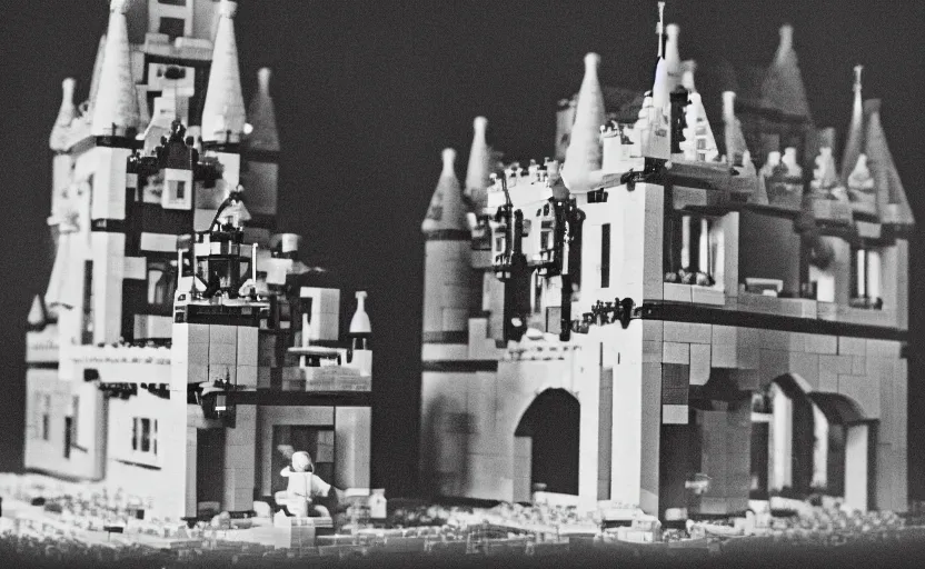 Prompt: an old black-and-white photograph of a Lego castle