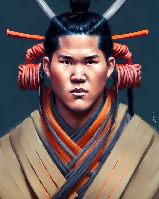 Prompt: portrait of devin booker as a ronin samurai, wearing a haori, by wlop and peter mohrbacher, dramatic action pose, extremely detailed shading, concept art, digital painting, trending on artstation, atmosphere, glow, cinematic lighting, full of color