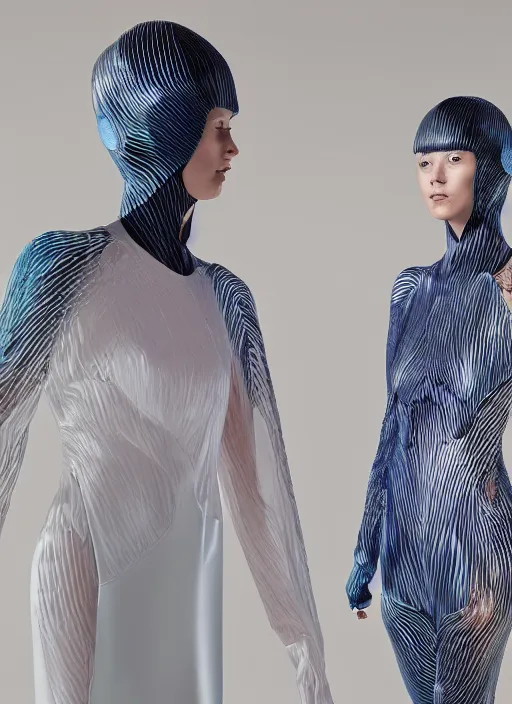 Prompt: a digital portrait of an european girl detailed features wearing a cyber kimono latex suit wedding dress - synthetic materials, by issey miyake by ichiro tanida and mitsuo katsui