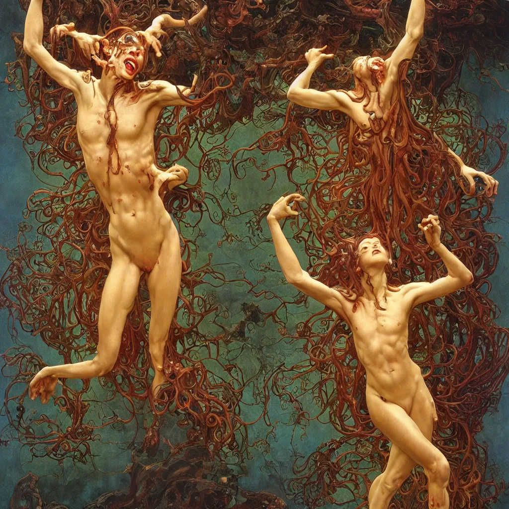 Prompt: epic photorealistic photograph of a grotesque veiny glossy wet gory nightmare fungus demon god. uhd, amazing depth, cinematic lighting, levitating floating fungus god with arms outstretched. by thomas blackshear and alphonse mucha.