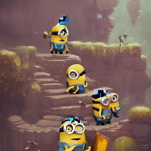 Image similar to cute minions by victo ngai and andreas rocha and greg rutkowski trending on artstation unreal engine 8 k hd wallpaperjpeg artifact blur