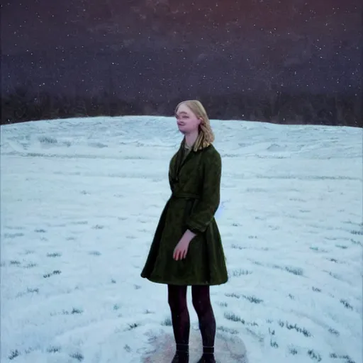 Image similar to Elle Fanning in a snowy field, head and shoulders masterpiece, apocalypse, golden hour, cosmic horror, artstation, in the style of Andrew Wyeth and Edward Hopper, extremely detailed