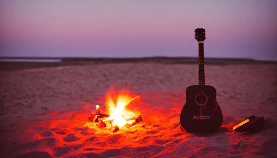 Prompt: kodak portra 400 photo of an acoustic guitar and a campfire on the beach at sunset, golden hour, dimly lit