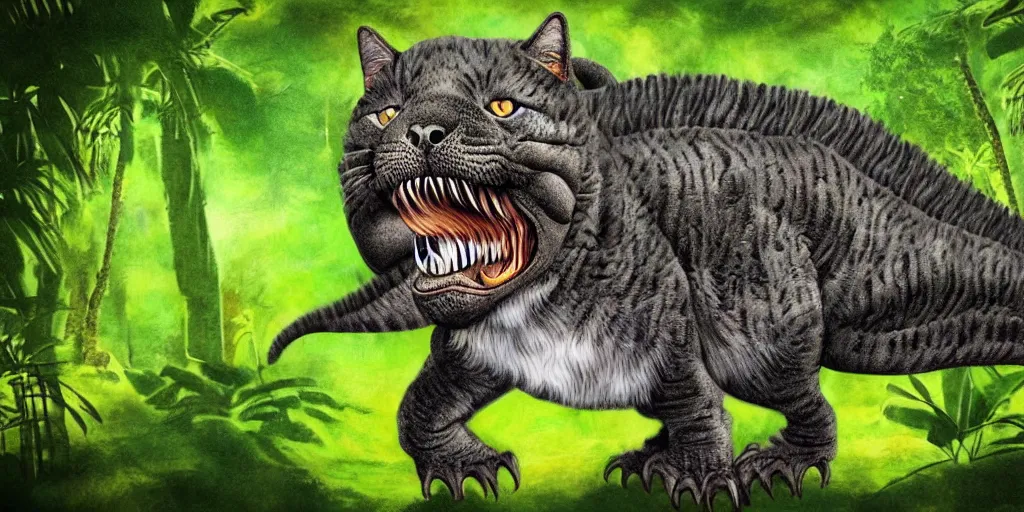 Prompt: tyrannosaurus rex cat hybrid, jungle background