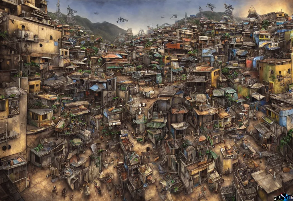 Prompt: photorealistic favela rio with precise rendered guns with intricate details of gun happy people in by Justin Gerard