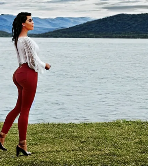 Prompt: rear shot film still of kim kardashian wearing high waist jeans, standing by a lake, intricate, elegant, highly detailed, smooth, sharp focus.