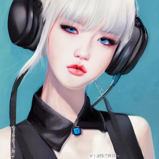 Image similar to realistic teasing detailed semirealism beautiful gorgeous cute Blackpink Lalisa Manoban white hair white cat ears blue eyes, wearing black camisole outfit, headphones, black leather choker full HD 4K high resolution quality WLOP, Aztodio, Taejune Kim, Guweiz, Pixiv, Instagram, Artstation