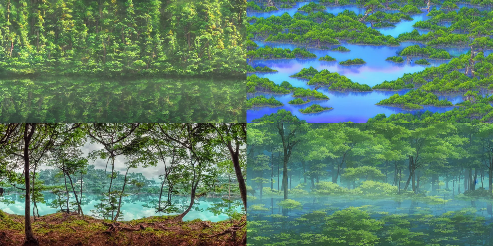 Prompt: close up forest with lake, anime panorama painting by kyoto animation