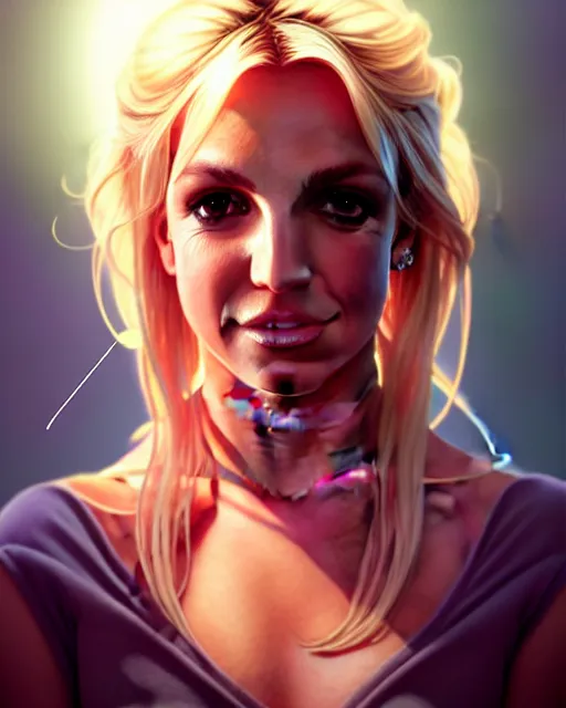 Prompt: highly detailed portrait of britney spears, stephen bliss, unreal engine, greg rutkowski, loish, rhads, beeple, makoto shinkai and lois van baarle, ilya kuvshinov, rossdraws, tom bagshaw, alphonse mucha, global illumination, god rays, detailed and intricate environment