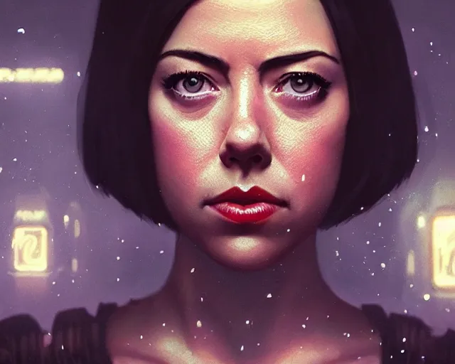 Prompt: a 4 k cinematic screenshot still portrait of aubrey plaza in bladerunner, deep focus, d & d, fantasy, intricate, elegant, highly detailed, digital painting, artstation, concept art, matte, sharp focus, illustration, dark fantasy style art, hearthstone, art by artgerm and greg rutkowski and alphonse mucha