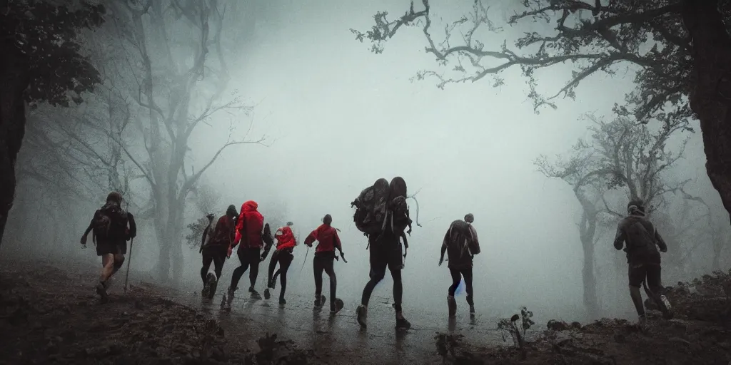 Prompt: A hiking group running away from an ancient eldritch monster, horror movie cinematic, rain stormy fog, terrifying nightmare