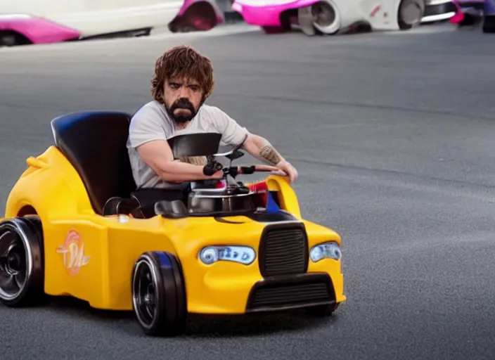 Image similar to peter dinklage drag racing vin diesel driving a little tikes cozy coupe, movie still, from the new tokyo drift movie, 8 k, realistic