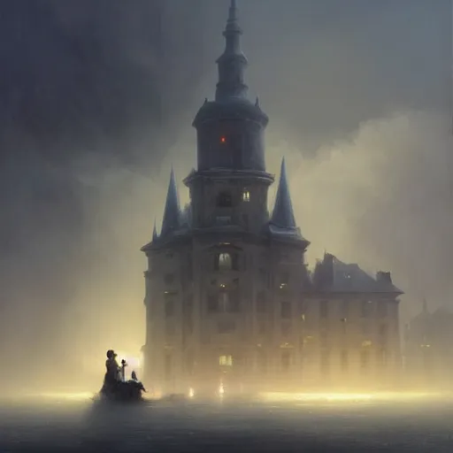 Image similar to a beautiful painting of a dark souls buildings by ivan aivazovsky and rhads and greg rutkowski and james gurney, in style of digital art, lit windows, fog, mystic, hyper detailed, sharp focus, soft light. octane render. ray tracing. trending on artstation