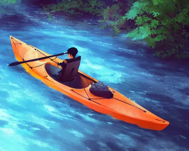 Prompt: a kayak in a river. blue water, atmospheric lighting. by makoto shinkai, stanley artgerm lau, wlop, rossdraws, james jean, andrei riabovitchev, marc simonetti, krenz cushart, sakimichan, d & d trending on artstation, digital art.