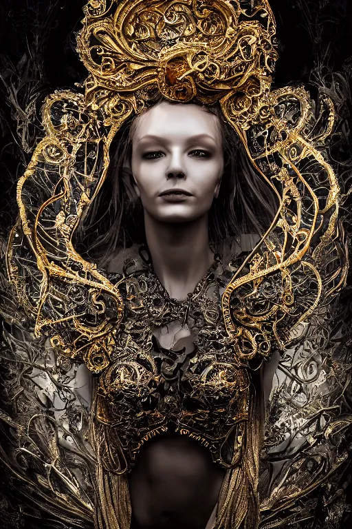 Prompt: a portrait of female model by stefan geselle and nekro borja, photorealistic, intricate details, hyper realistic, fantasy, ornate metal gold headpiece, photorealistic, canon r 3, photography, wide shot, photography, dark beauty, symmetrical features, wide angle shot, whole body, full body shot, standing pose, feet on the ground