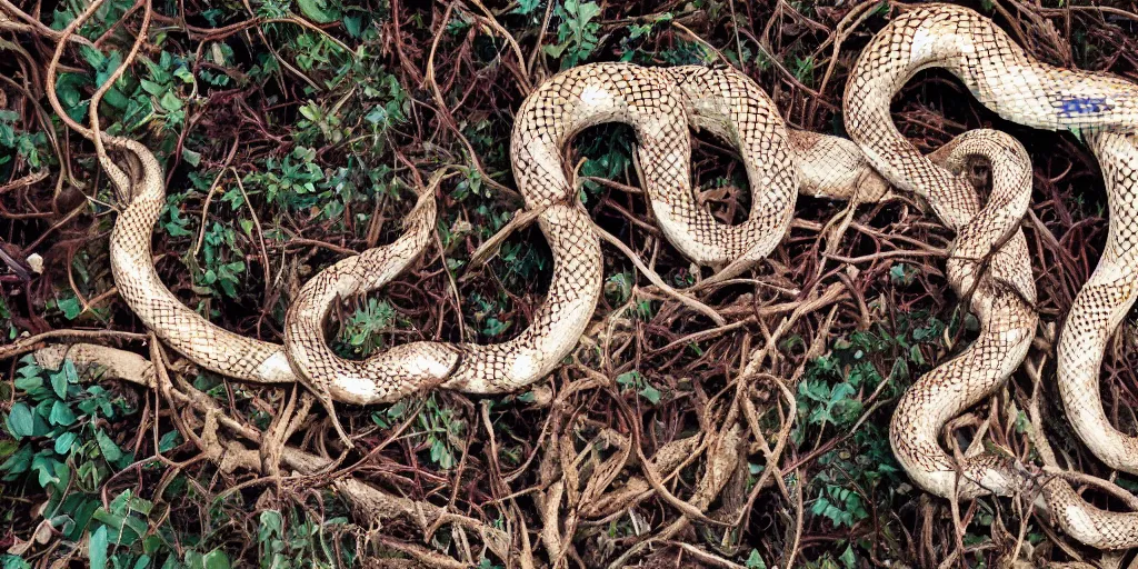 Image similar to queen of snakes, rotting crown of vines, red eyes + blue skin