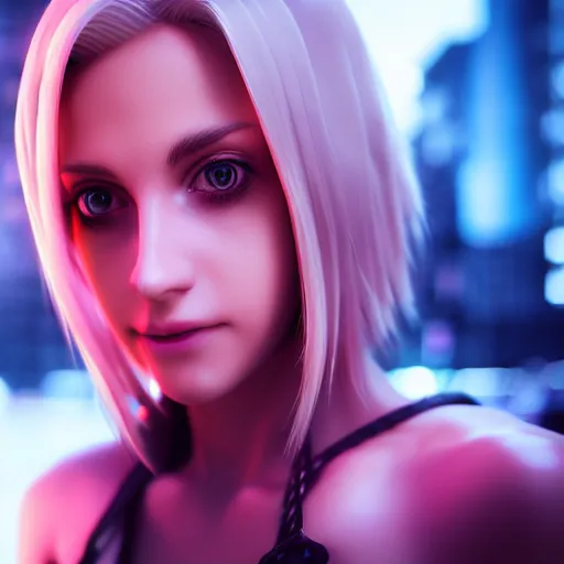 Prompt: Annie Leonhart in a neon city, octane render 8k, photorealistic render, atmospheric render, beautiful face, cute, love tension, realistic skin