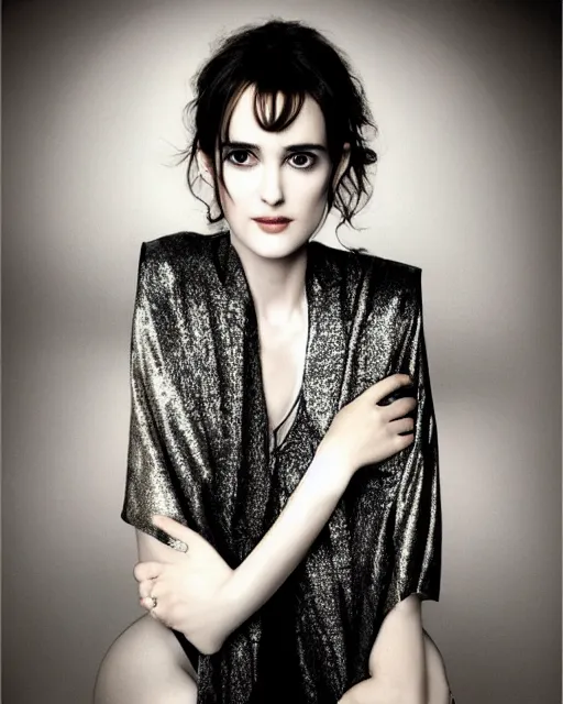 Image similar to beautiful young winona ryder wearing a futuristic metal kimono, half body portrait, greg kutkowski, sharp details, soft lighting, subsurface scattering, pearls of sweat, glistening skin, warm lighting