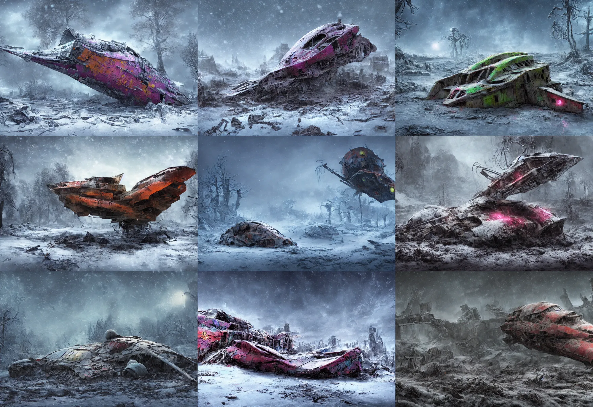 Prompt: matte painting of a crashed very colorful cute alien scout ship covered in snow in a extremely muddy swamp, dystopian world, 4 k