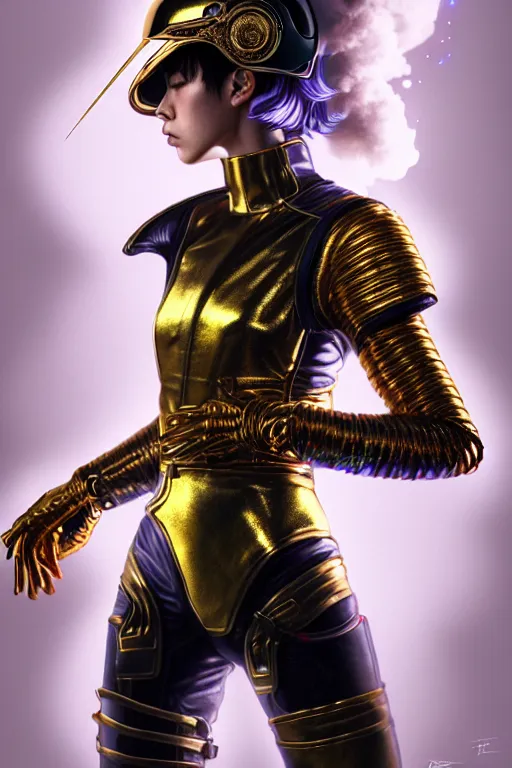 Prompt: hyperdetailed portrait of one stunningly beautiful european girl androgynous guard made of iridescent metals, smoke, leds, inspired by helmet newton, ross tran and wlop and masamune shirow and kuvshinov, concept art, intricate, photorealistic, octane render, rtx, hdr, unreal engine, dnd digital art by artgerm fine face