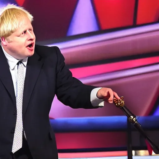 Prompt: boris johnson singing on americas got talent with a microphone | tomatoes and anchors being thrown 4 k photograph