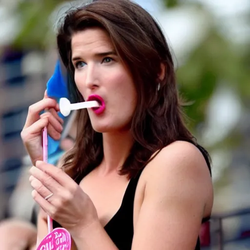 Prompt: cute cobie smulders sucking on a lollipop, seductive