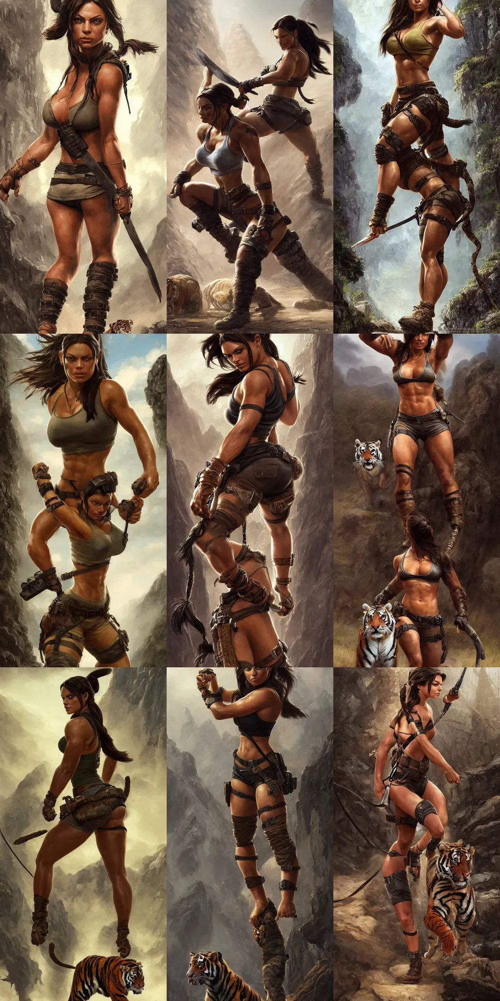 Prompt: epic portrait of very muscled tough looking Mila Kunis as Lara Croft walking besides her giant pet tiger, elegant, highly detailed, centered, digital painting, artstation, concept art, artgerm, donato giancola, Joseph Christian Leyendecker, WLOP, Boris Vallejo, Artgerm