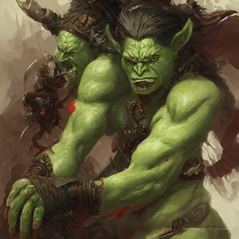 Image similar to portrait of a an orc barbarian with green skin and red eyes (with white pupils), D&D, fantasy, highly detailed, digital painting, artstation, smooth, sharp focus, illustration, art by artgerm and greg rutkowski and alphonse mucha