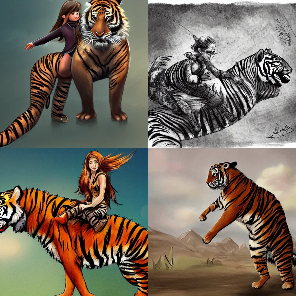 Prompt: a girl riding a tiger, trending on art station