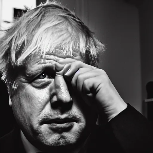 Image similar to Boris Johnson crying on the naughty step with a pool of tears under him, 8k, perfect lighting, high contrast, wide-angle, Nikon mirrorless, sad, brexit, flickr