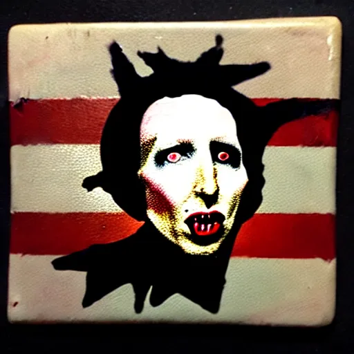 Prompt: painting on a badge!!!!, photo of a marilyn manson, punks not dead!!!!, exploited!!, clash, junk yard, rats!!, god save the queen!!!, punk rock album cover art style, grunge, no future!!!!