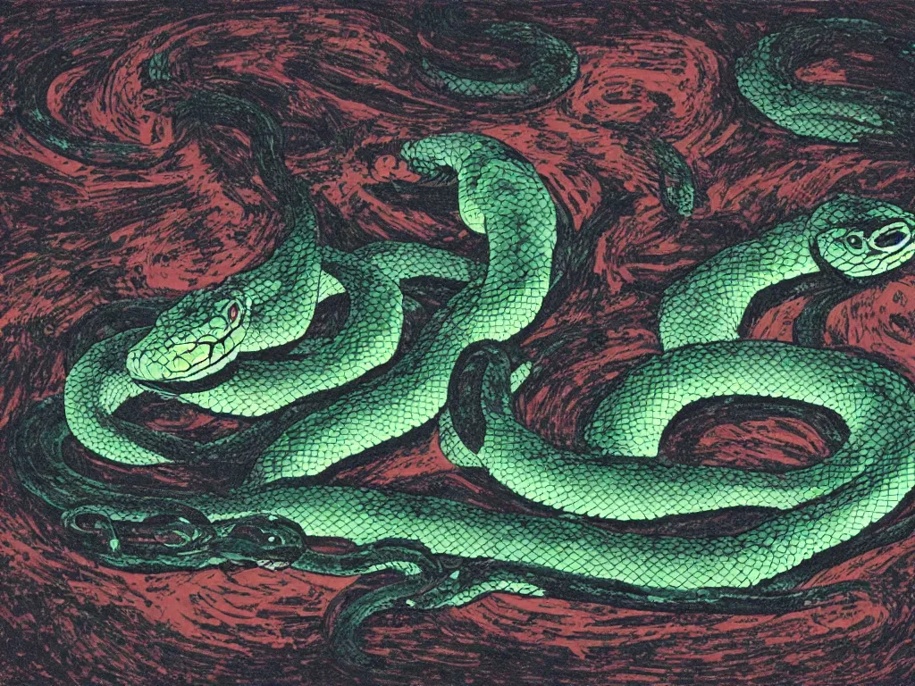 Prompt: A dark room with a large colored snake in the center of it.