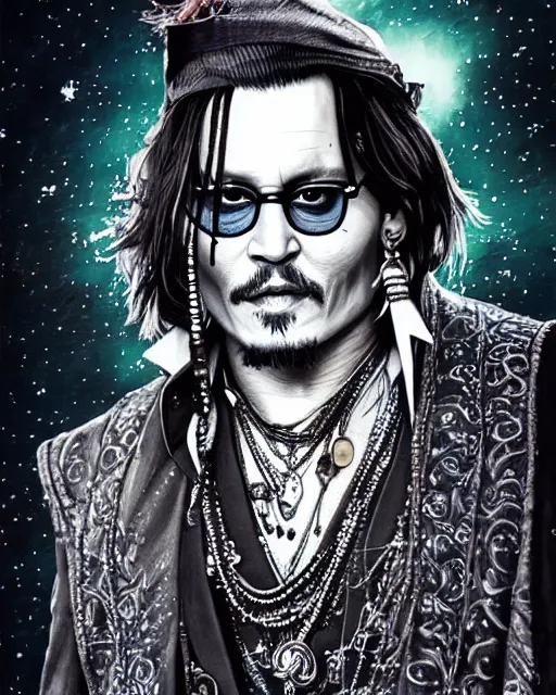 Prompt: johnny depp dancing at a goa festival. detailed face!!!. meticulously rendered. hyperdetailed. trending on artstation. imax. deviant art. epic sky. astrophotography.