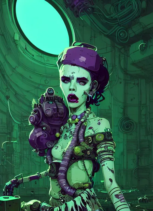 Image similar to highly detailed portrait of wasteland punk long caustic poison hair tribal lady, stray wiring by atey ghailan, james gilleard, by joe fenton, by greg rutkowski, by greg tocchini, by kaethe butcher, 4 k resolution, gradient green, purple, black and white color scheme!!! ( ( green flaming robotic sewer background ) )