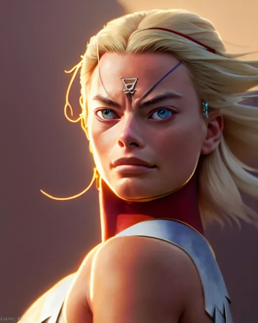 Image similar to azctec warrior, margot robbie, detailed perfect face, exquisite details, fire magic, mid view, design on a white background, by studio muti, greg rutkowski makoto shinkai takashi takeuchi studio ghibli