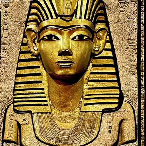 Prompt: a pharaoh with the face of donald trump and a maga hat, majestic, powerful, pyramids, anunaki, hieroglyphs, lush, rainforest, river, green, river god, wilbur smith, gold, trump tower