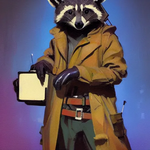 Image similar to greg manchess painting of a trash panda character, holding a box of cables and standing next to old electronic equiptment, medium shot, asymmetrical, profile picture, organic painting, night time, dark, neon lights, matte painting, bold shapes, hard edges, street art, trending on artstation, by huang guangjian and gil elvgren and sachin teng