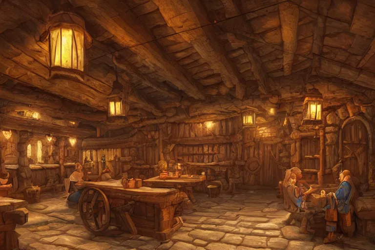 Prompt: a digital painting of an isometric wooden medieval tavern interior by justin gerard, paul bonner, highly detailed, volumetric lighting, digital art, isometric, artstation hd