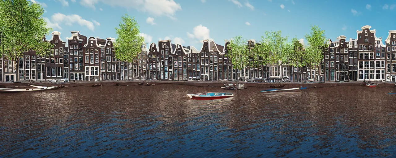 Image similar to view of houses in amsterdam, with water and boats, photography, 3 5 mm, hyper realistic, 8 k, unreal engine, illustration, happy lighting