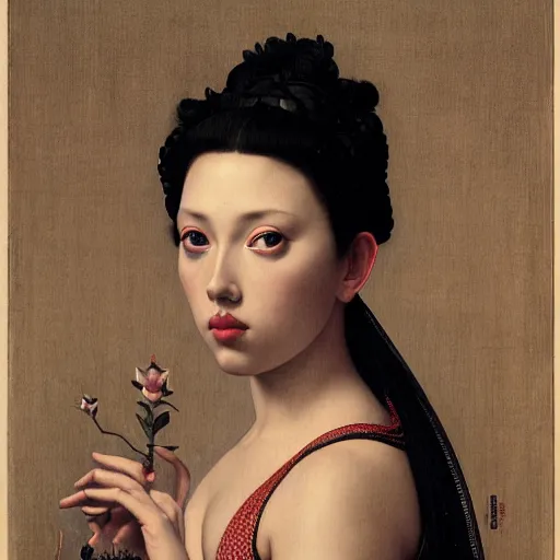 Prompt: front symmetric portrait of very young scarlet johansson in japanese costume, tattooed shoulder, by jan van eyck, tom bagshaw, jean delville, william bouguereau, albrecht durer, symbolist painting, mysterious mood,