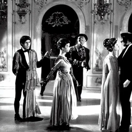 Prompt: ballroom scene from the leopard by luchino visconti with alain delon and claudia cardinale and an alien!!!! set in the 1 9 th century in an italian villa. technicolor!!!!, highly intricate, 5 0 mm