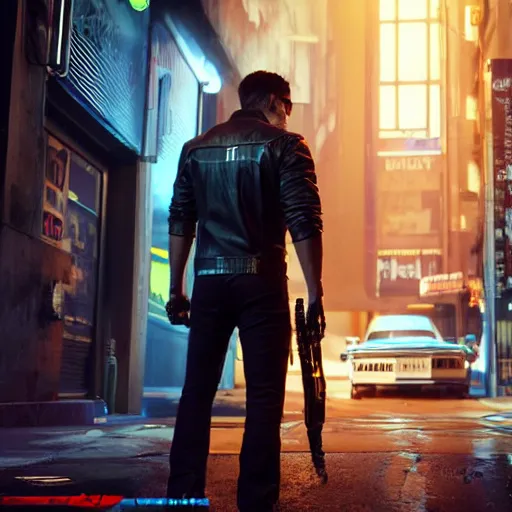 Image similar to a detailed full bodied 3 d render of an extremely handsome jensen ackles as the terminator walking down a dark alley in cyberpunk 2 0 7 7, holding futuristic crossbow, volumetric lighting, octane render, 8 k, art by hayao miyazaki and hideo kojima