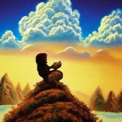 Prompt: bob ross riding a bear over the mountains with happy trees and happy clouds in the background