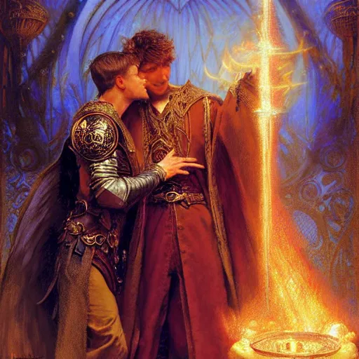 Image similar to stunning arthur pendragon in love with stunning male merlin the mage. they are close to each other, touching, looking. highly detailed painting by gaston bussiere, craig mullins, j. c. leyendecker