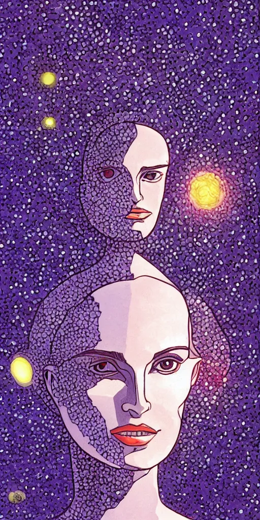 Image similar to a headshot head shot portrait of Natalie Portman as Black Swan on field forrest spaceship station landing laying lake artillery outer worlds shadows in FANTASTIC PLANET La planète sauvage animation by René Laloux